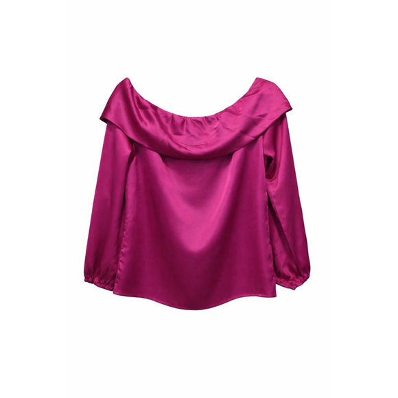 TCEC Magenta Satin Off Shoulder Blouse Size L | Silky Cowl Neck Top - Picture 2 of 5